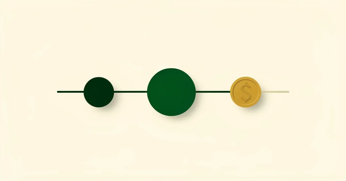 Illustration of three markers on a line, the middle one larger and green, with a gold coin at the end