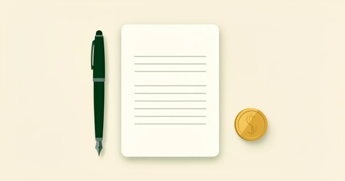 Illustration of a blank paper form with a pen and a gold coin on a desk