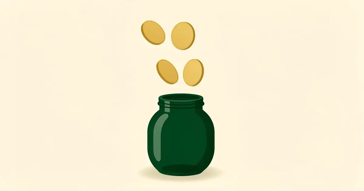 Illustration of four gold coins falling one after another into a deep green jar
