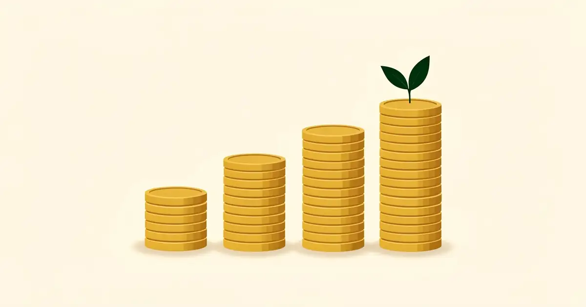 Illustration of four stacks of gold coins, each taller than the last, with a small green leaf on the tallest