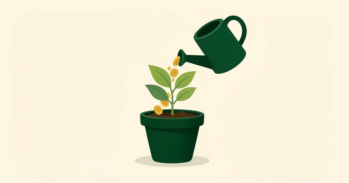 Illustration of a watering can pouring gold coins onto a young plant in a pot