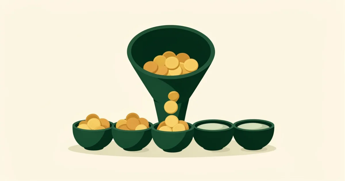 Illustration of a funnel pouring gold coins into a row of small bowls